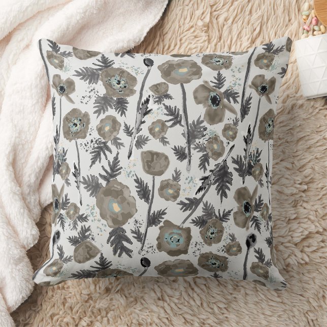 Poppies Watercolor Floral Pattern Cushion (Poppies Modern Gray Blue Watercolor Floral Pattern Throw Pillow from Jenn Steffen Studio Posies. )