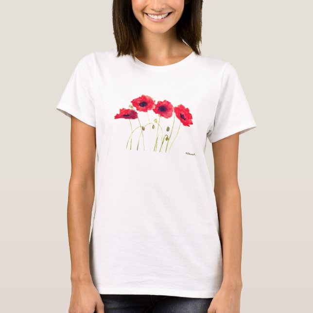 Poppies Watercolor Floral Pretty Red Poppy T-Shirt (Front)