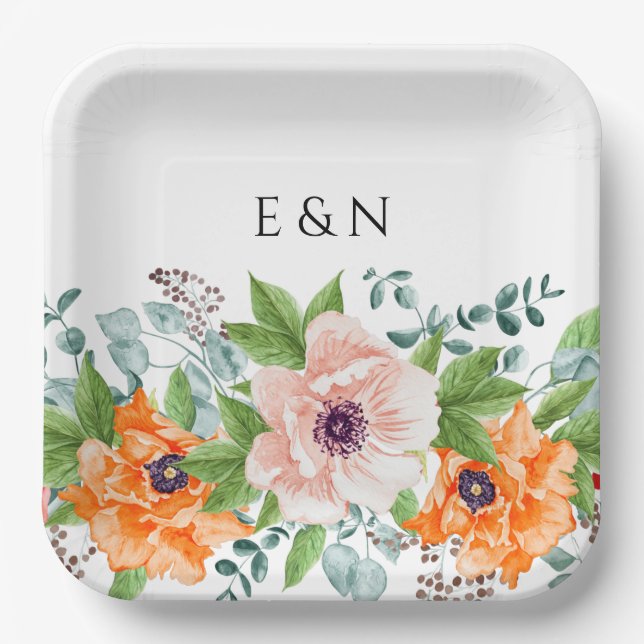 Poppies Watercolor Flowers Paper Plates (Front)