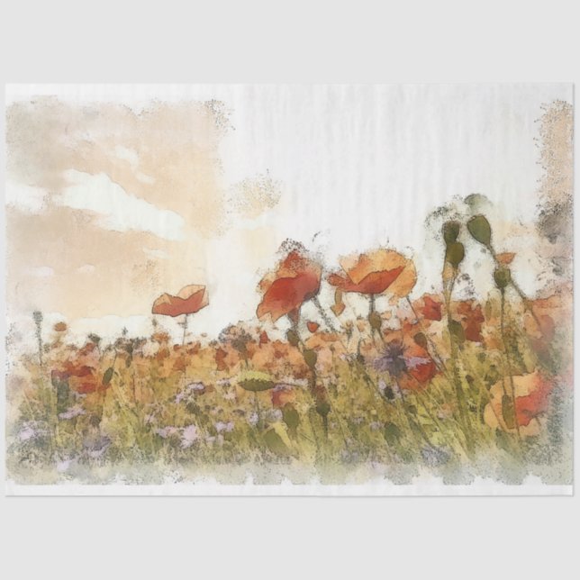 Poppies Watercolor Landscape Decoupage Tissue Paper (Front)