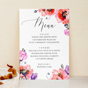 Poppies. Watercolor red floral script wedding Menu