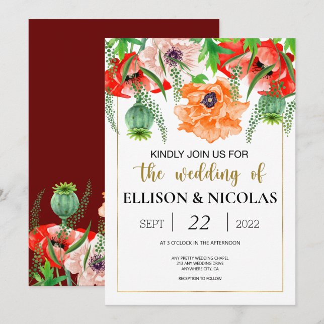 Poppies Watercolor Wedding Invitation (Front/Back)