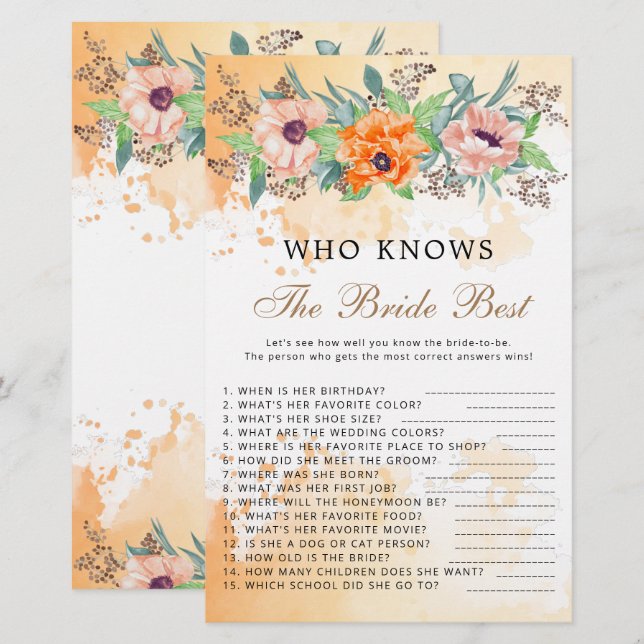Poppies who knows the bride best game (Front/Back)