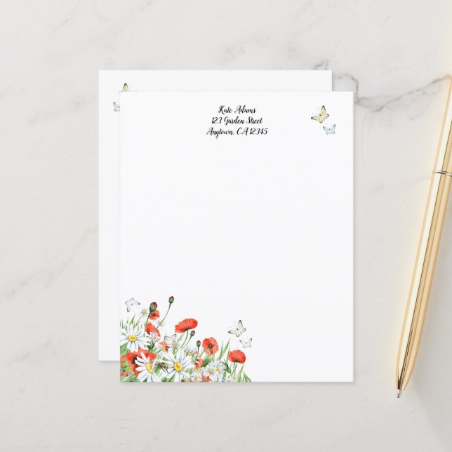 Poppies, Wildflowers, and Butterflies Stationery (Front/Back In Situ)