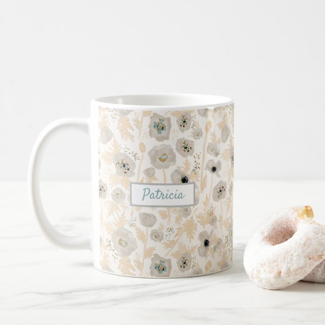 Poppies Yellow Grey Watercolor Customisable Name  Coffee Mug (With Donut)