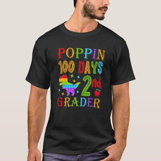 Poppin 100 Days 2nd Grader Dinosaur School Kid T-R T-Shirt (Front)