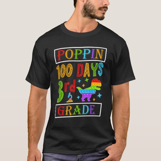 Poppin 100 Days 3rd Grade Dinosaur Elementary Kid  T-Shirt (Front)