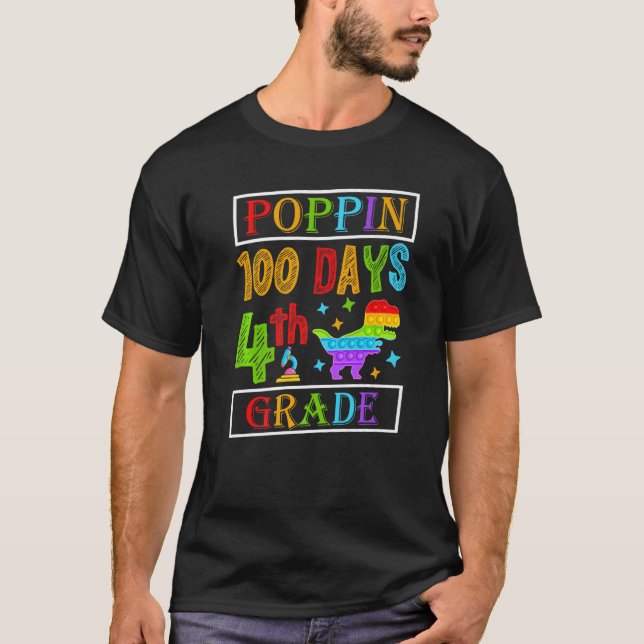 Poppin 100 Days 4th Grade Dinosaur Elementary Kid  T-Shirt (Front)