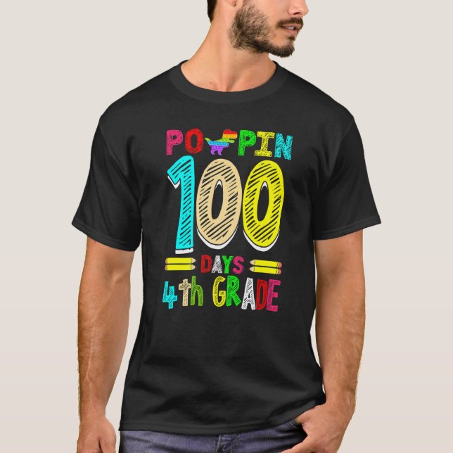 Poppin 100 Days 4th Grade Dinosaur Primary School  T-Shirt (Front)