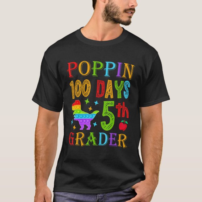 Poppin 100 Days 5th Grader School Dinosaur Kid T-R T-Shirt (Front)