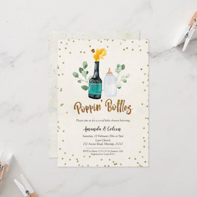 Poppin Bottles Gender Neutral Coed Baby Shower Invitation (Front/Back In Situ)