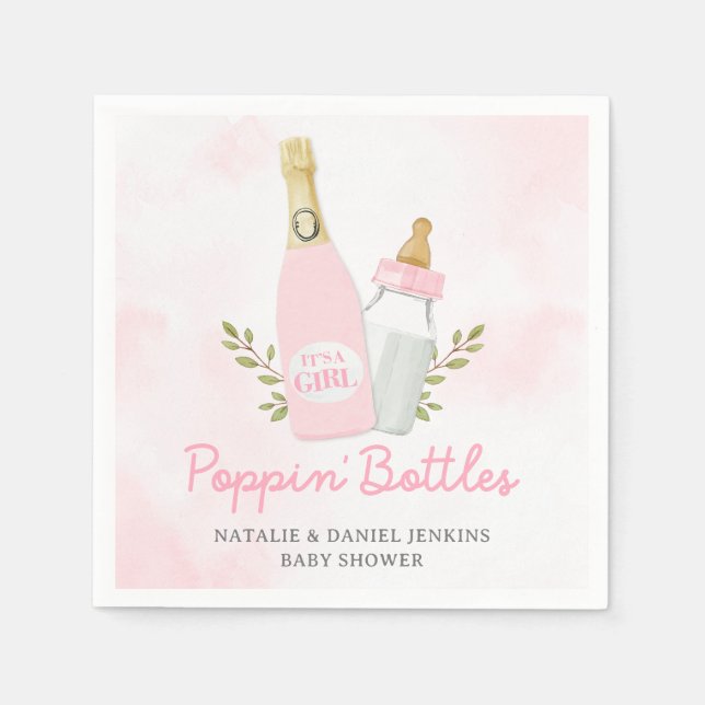 Poppin Bottles Girl Baby Shower Pink Paper Napkin (Front)