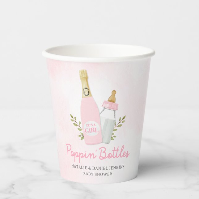 Poppin Bottles Girl Baby Shower Pink Paper Paper Cups (Front)