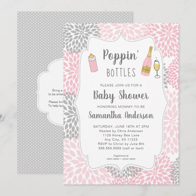 Poppin' Bottles Pink Grey Floral Baby Shower Invitation (Front/Back)