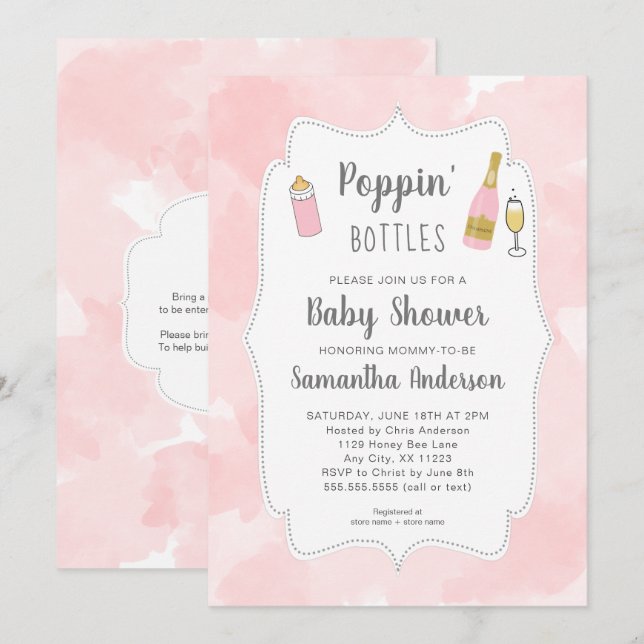 Poppin' Bottles Pink Watercolor Baby Shower Invitation (Front/Back)