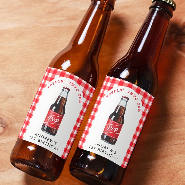 Poppin Into One Soda Plaid Red 1st Birthday Party Beer Bottle Label (Poppin Into One Soda Plaid Red 1st Birthday Party Beer Bottle Label
)