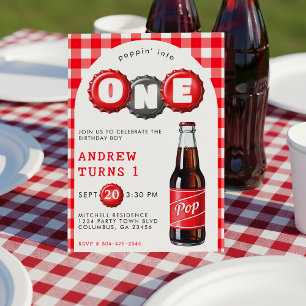 Poppin Into One Soda Plaid Red 1st Birthday Party Invitation