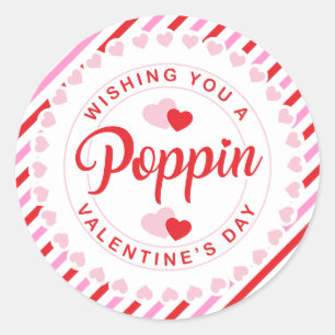 Poppin Valentine's Day Pink and Red Stripe Classic Round Sticker