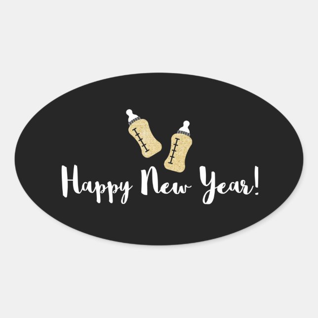 Popping Bottles Happy New Year Baby Announcement Oval Sticker (Front)
