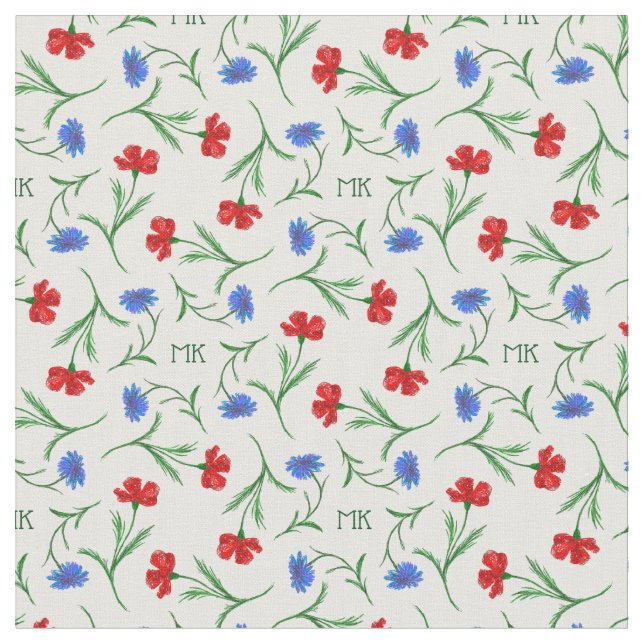 Poppy and Cornflower Light Floral Pattern Monogram Fabric (Close Up)