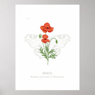 Poppy and peacock butterfly poster
