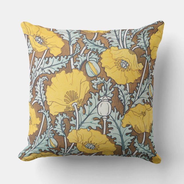 poppy art illustration yellow flower cushion (Front)