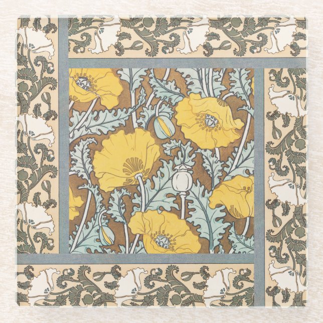 poppy art illustration yellow flower glass coaster (Front)