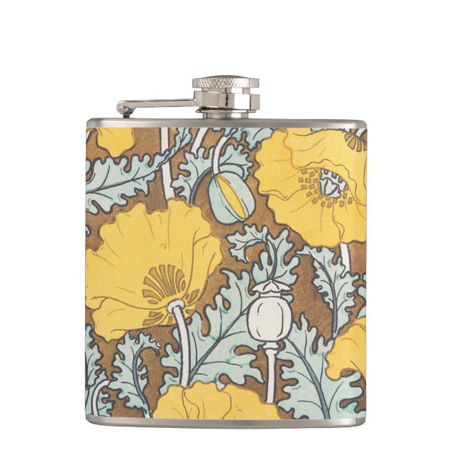 poppy art illustration yellow flower hip flask (Front)