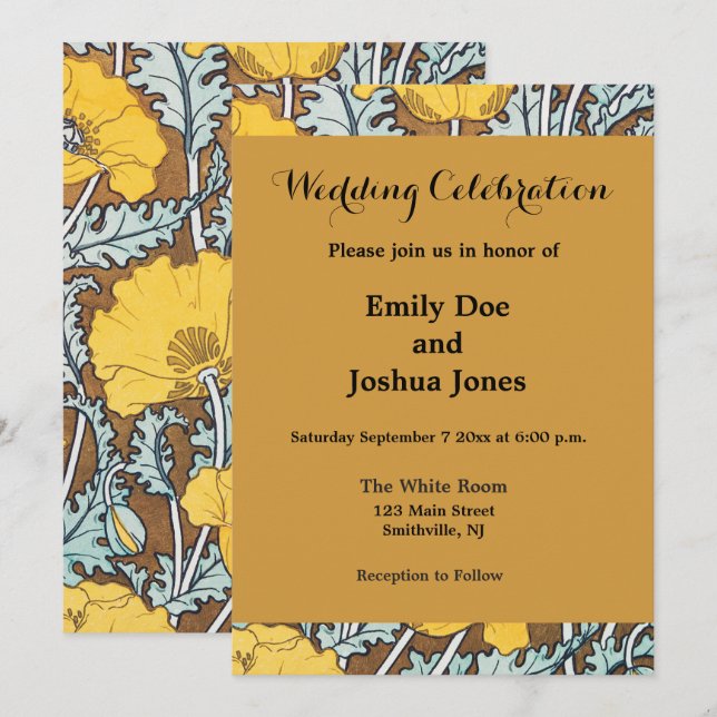 poppy art illustration yellow flower invitation (Front/Back)