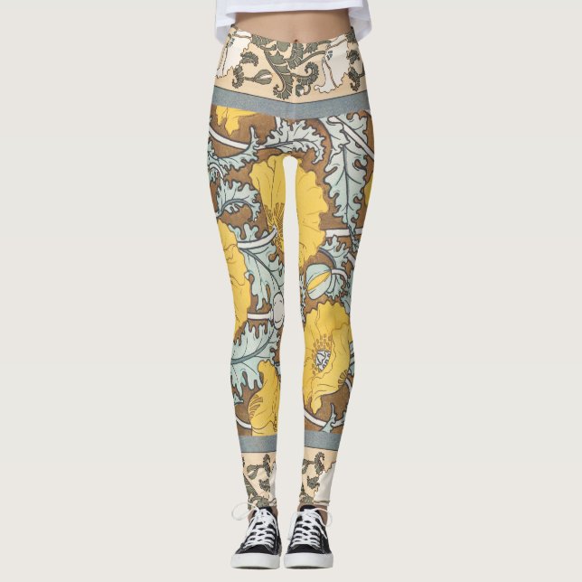 poppy art illustration yellow flower leggings (Front)