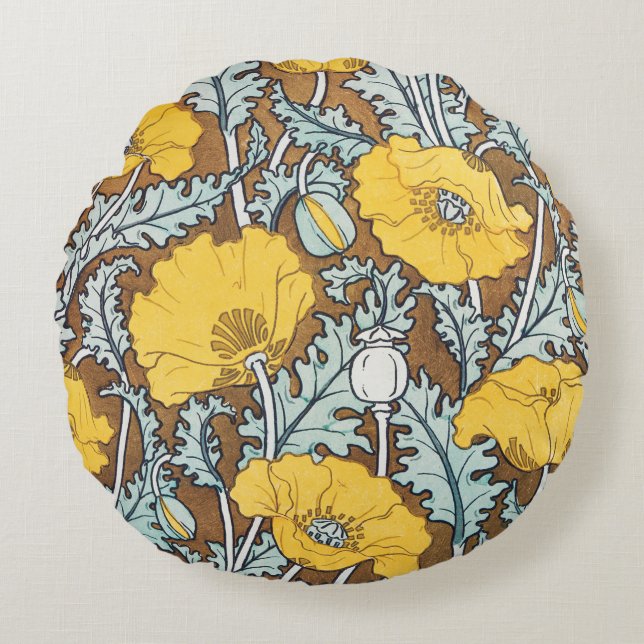 poppy art illustration yellow flower round cushion (Front)