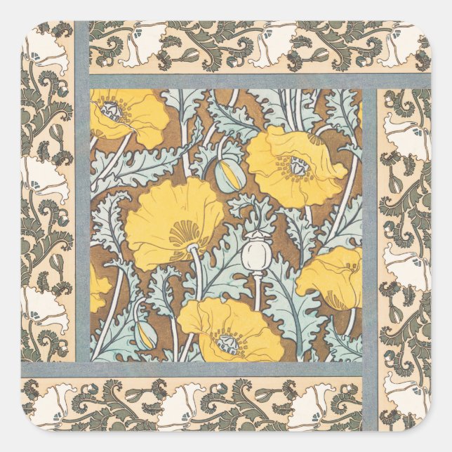 poppy art illustration yellow flower square sticker (Front)