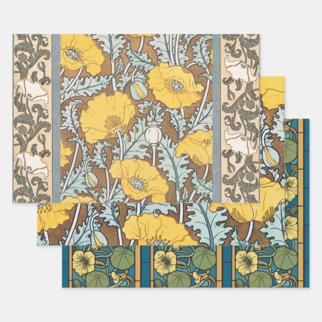 poppy art illustration yellow flower wrapping paper sheet (Set)