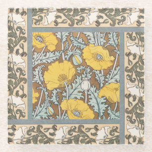 Poppy Art Nouveau Illustration Yellow Flower Glass Coaster