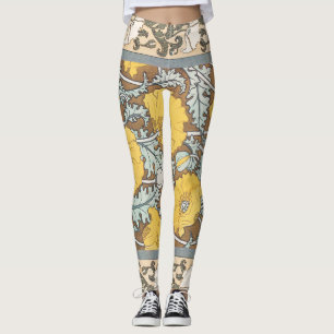 Poppy Art Nouveau Illustration Yellow Flower Leggings