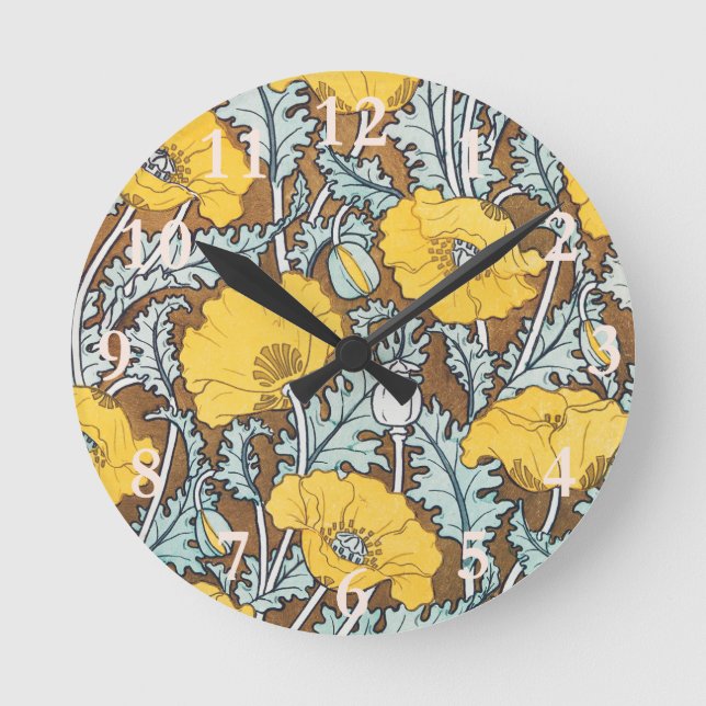 Poppy Art Nouveau Illustration Yellow Flower Round Clock (Front)