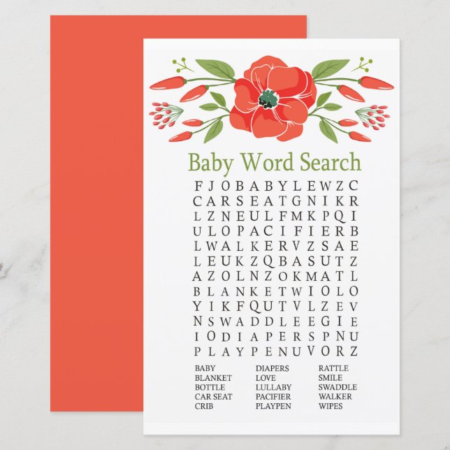 Poppy Baby Shower Word Search Game (Front/Back)