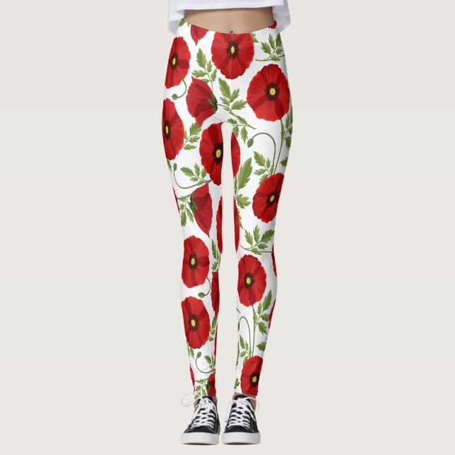Poppy blooming joyful Summer Flowers Leggings (Front)