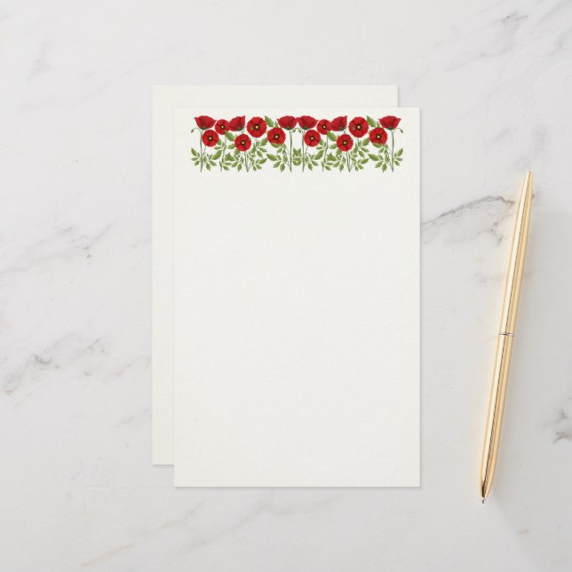Poppy blooming joyful Summer Flowers Stationery (Front/Back In Situ)