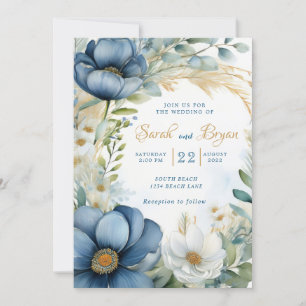 Poppy Blue White Floral Boho Wedding Invitation