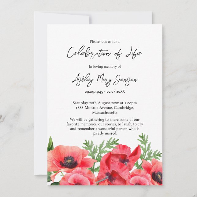 Poppy Celebration of Life Photo Funeral  Invitation (Back)