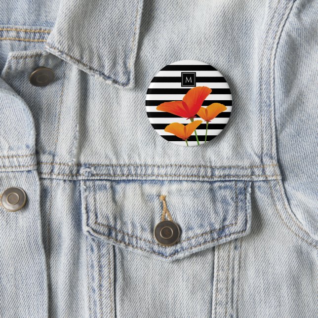Poppy Chic Black Stripes Monogram 6 Cm Round Badge (In Situ)