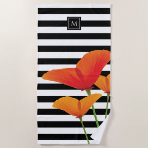 Poppy Chic Black Stripes Monogram Beach Towel