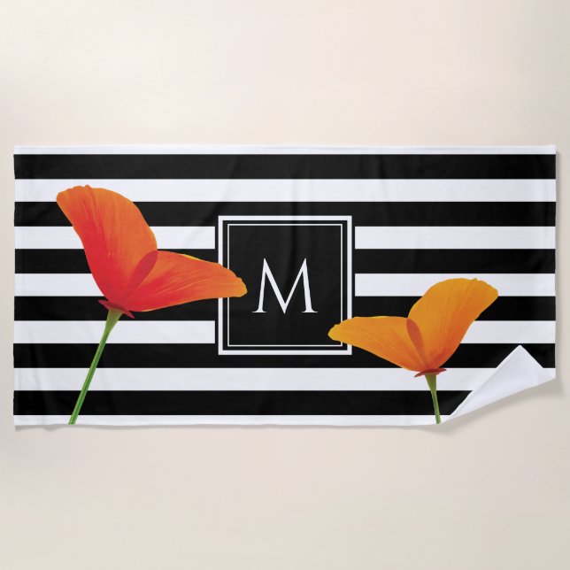 Poppy Chic Black Stripes Monogram Beach Towel (Front)