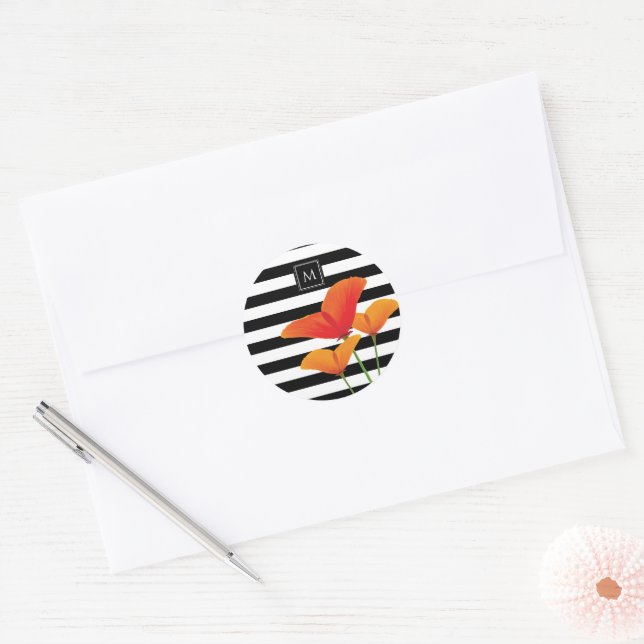 Poppy Chic Black Stripes Monogram Classic Round Sticker (Envelope)
