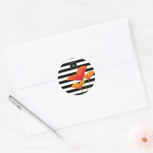 Poppy Chic Black Stripes Monogram Classic Round Sticker