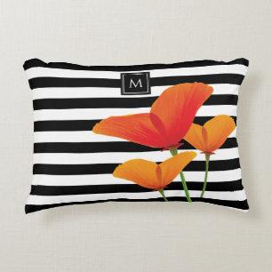 Poppy Chic Black Stripes Monogram Decorative Cushion