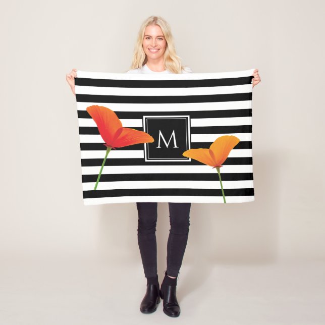 Poppy Chic Black Stripes Monogram Fleece Blanket (In Situ)