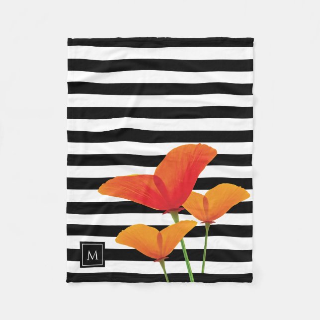 Poppy Chic Black Stripes Monogram Fleece Blanket (Front)