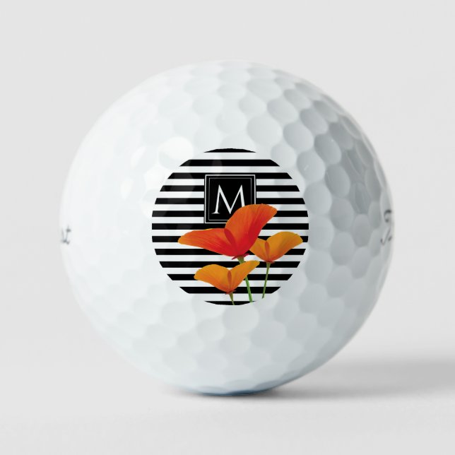 Poppy Chic Black Stripes Monogram Golf Balls (Front)
